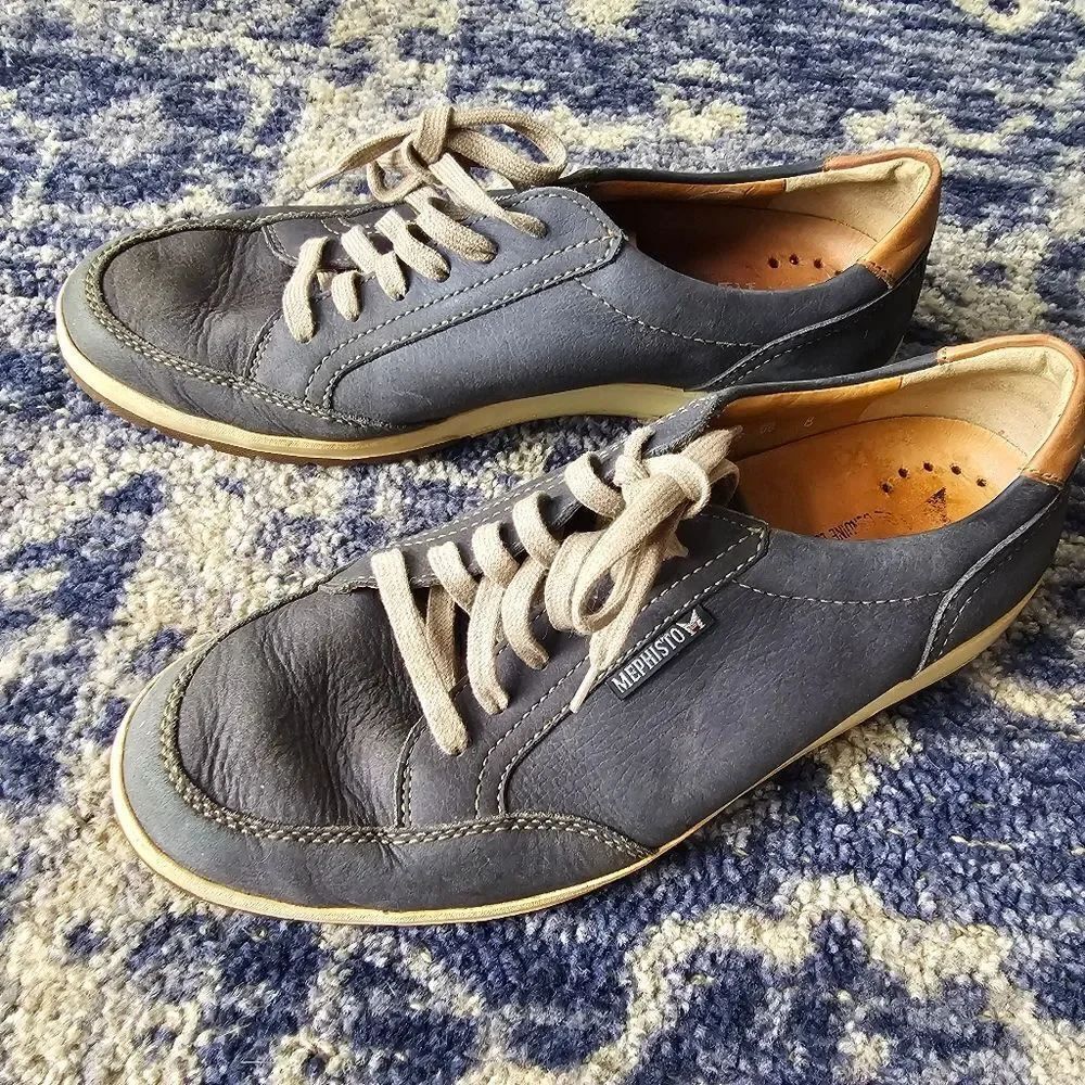 Mephisto mens leather tie shoe in blue sz 8